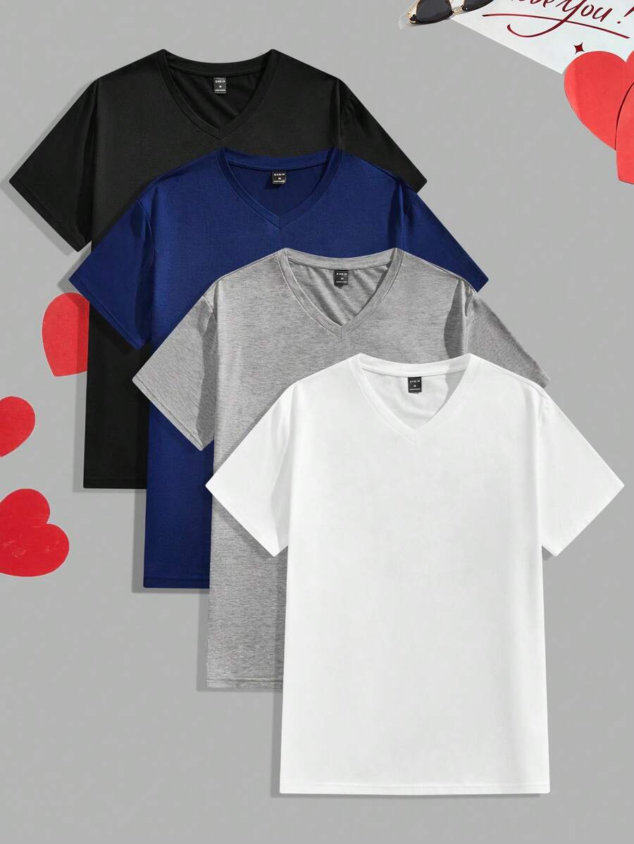 Manfinity VCAY 4pcs Pack Men Knitted V-Neck Casual Short Sleeve T-Shirt, Funny, For Going Out, For Friends, Summer - Multicolor - View 1