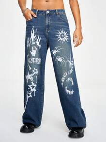 ROMWE MEN Street Life Men'S Sun, Star, Spider & Flame Printed Jeans, Halloween - Blue - View 1