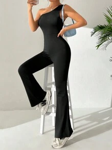 SHEIN EZwear 女士單肩無袖搖擺連身褲 - 黑色 - 查看 6