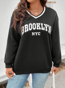 Flirla Plus Letter Graphic Striped Trim Drop Shoulder Sweatshirt - Black - View 5