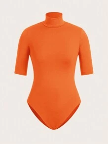 SHEIN BASICS Ladies Solid Color Short Sleeve Bodycon Bodysuit - Orange - View 1