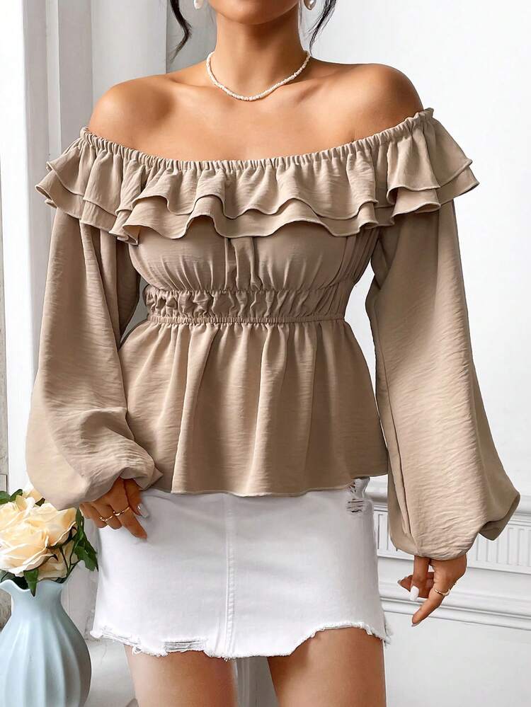 Women's Off-Shoulder Lantern Sleeve Shirt With Ruffled Hem