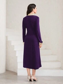 Modelyn Color Block Off-Shoulder Collar And Cuff Shirt Dress - Purple - View 2