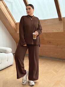 SHEIN Essnce Plus Size Solid Color Casual Two Piece Set - Coffee Brown - View 3