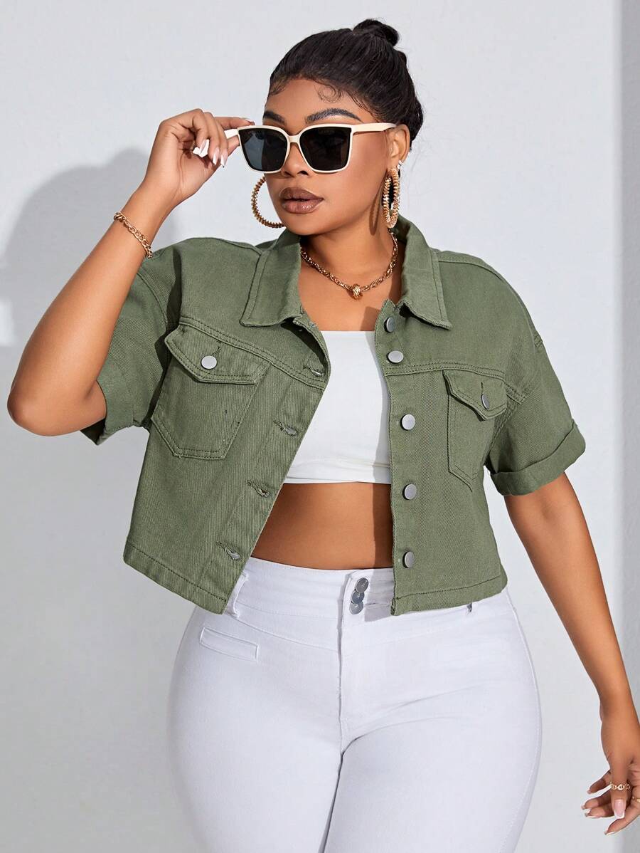 SHEIN SXY Plus Size Women'S Drop Shoulder Short Sleeve Denim Jacket - Army Green - View 1