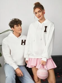 SHEIN Essnce Valentine's Day "HI" Couple Hoodie For Girlfriend, White - White - View 4