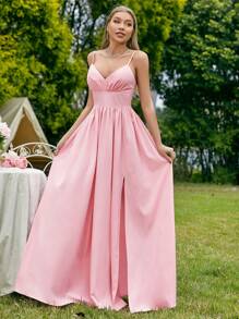 SHEIN Belle Màu thuần Cổ chữ V Hai Dây Phù dâu Với Khe Và Dây thắt lưng - Hồng - Xem 6