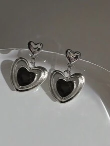 ROMWE Kawaii 1對甜蜜時尚風格黑色心形吊墜耳環 - 彩色 - 查看 2