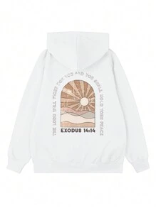 Áo hoodie tay dài có dây rút in hình mặt trời và khẩu hiệu mùa đông dành cho nữ, áo kiểu dáng rộng rãi, thoải mái, phong cách ngày lễ, trang phục mùa đông thời trang dành cho nữ, thích hợp mặc hàng ngày - trắng - Xem 3