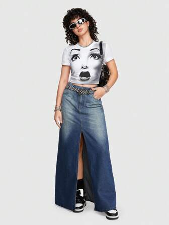 Street Life Camiseta De Manga Corta Ajustada Y Sexy Con Estampado De Retratos, Estilo De Moda Avanzado De Uso Callejero