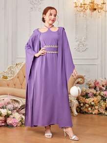 SHEIN 青少女繡花鑲嵌蝙蝠袖領帶裙,編織細節設計 - 紫色 - 查看 6