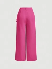 SHEIN MOD Quần dài màu đỏ hồng có túi chéo trang trí nơ cho nữ - Màu Hồng Tươi - Xem 2
