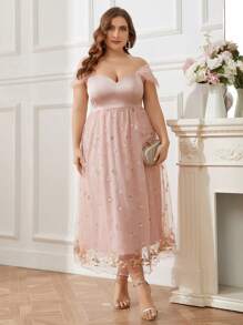 SHEIN Belle Plus Size Nữ Lưới Thêu Hoa Lãng Mạn Ngọt Ngào Công Chúa Puff Dress Tiệc Cocktail Đầm Cô Dâu - Hồng - Xem 1