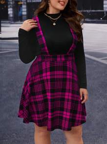 SHEIN Essnce 大尺碼女款圓領長袖t恤和方格背帶短褲套裝 - 玫紅色 - 查看 4