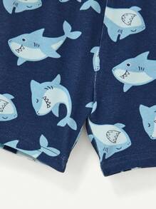 Baby Boy Snug Fit Pajama Set - Cartoon Shark Patterned Short Sleeve Round Neck Top And Casual Shorts 2pcs