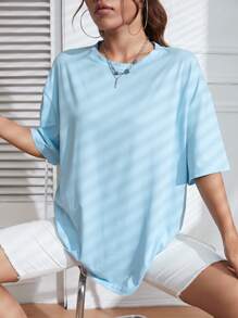 INAWLY Round Neck Drop Shoulder Tee - Baby Blue - View 5