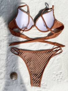 Swim SXY Bộ Bikini Thắt Nút Hở Lưng Mùa Hè - Cà phê nâu - Xem 3
