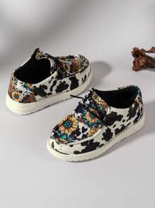 Girls Cow Print & Sunflower Pattern Casual Sneakers - Multicolor - View 4