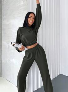 RueChic Của phụ nữ Đàn hồi Dây thắt lưng Quần skinny Hoodie Và Quần thể thao Bộ - xanh quân đội - Xem 5
