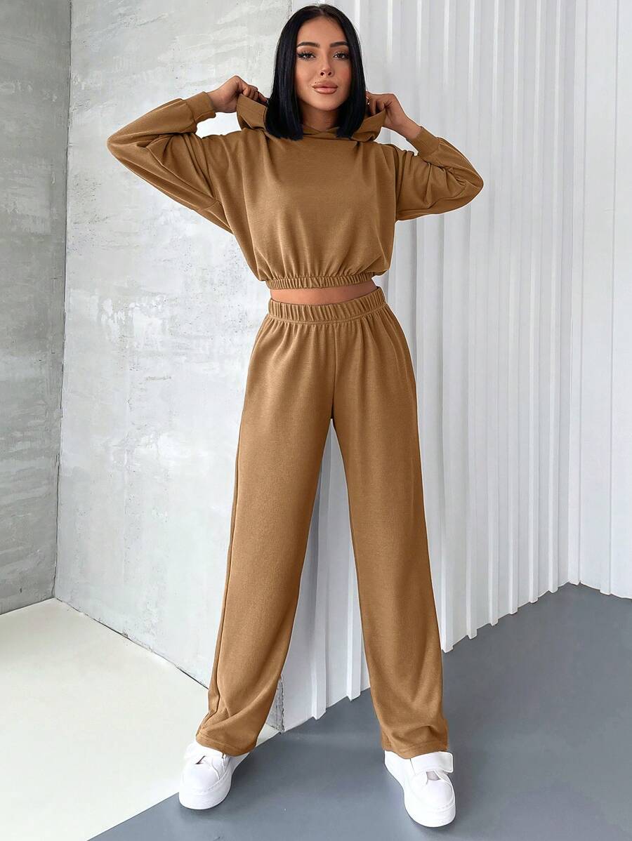 Cottnline Women'S Hooded Sweatshirt And Pants Two-Piece Set With Drawstring Waist - Camel - View 1