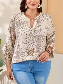EMERY ROSE Plus Size Women's Notched Collar Floral Shirt For Spring - Apricot - View 5