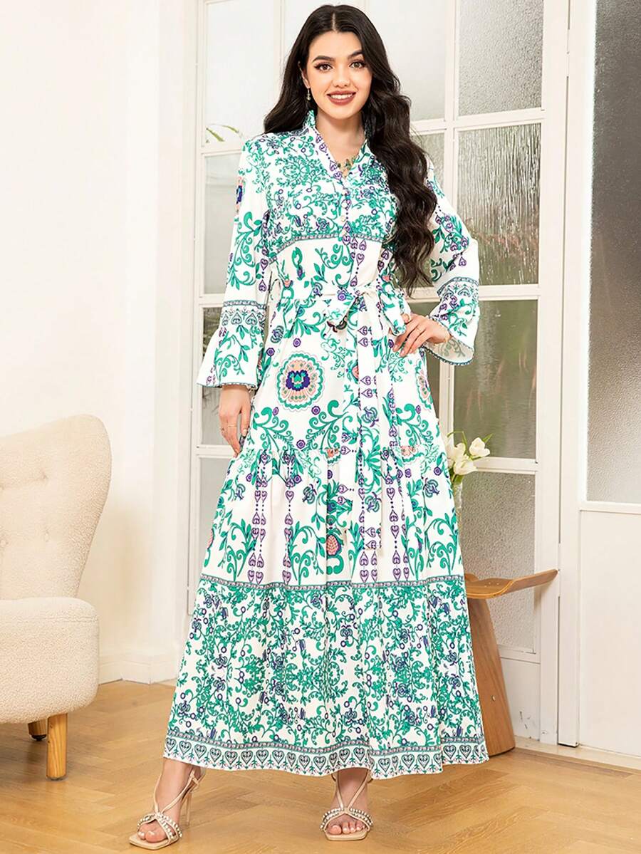 Elegant V-Neck Floral And Plant Button Belted Long Sleeve Dress - Multicolor - View 1