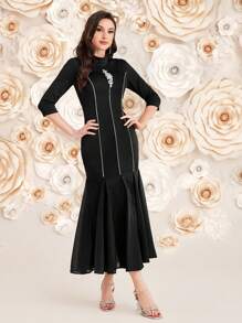 Modelyn Women's Stand Collar Ruffled Hem Dress Long Evening Dresses - Black - View 1