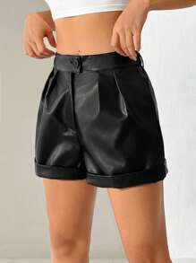 SHEIN EZwear 女士打褶紋人造皮革短褲 - 黑色 - 查看 5