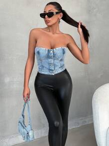 EURMUSE Women'S Denim Strapless Top With Single-Breasted Closure - Blue - View 3