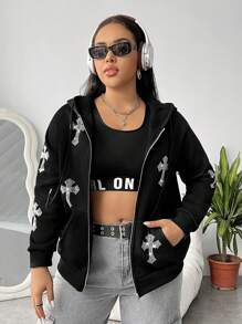 SHEIN EZwear Áo khoác giữ nhiệt cỡ lớn đính đá hình chữ thập, vai rớt, dây rút, khóa kéo, thích hợp cho lễ tốt nghiệp mùa đông, trang phục tựu trường, lễ tốt nghiệp, trang phục giáo viên dành cho nữ, trang phục trở lại trường học. - màu đen - Xem 3