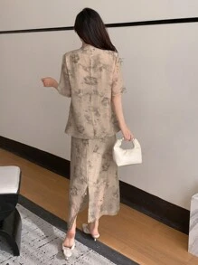 DAZY Women'S Floral Print Button Up Shirt And Skirt Set,Women Two Pieces Sets - Brown - View 2