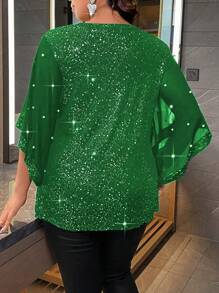 Allurite Plus Pearls Beaded Trumpet Sleeve Tee - Green - View 2