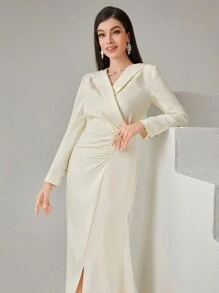 Modelyn 女士纯色褶皱裹身高开叉连衣裙长款晚礼服 - 杏色 - 查看 6