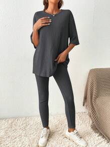 SHEIN LUNE Zweiteiliges Set Aus Rippstrick Für Damen