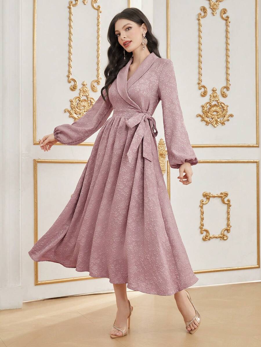 Modelyn 女士提花披肩領配腰帶燈籠袖連衣裙 - 粉色 - 查看 1