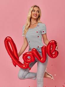 SHEIN LUNE Women Romantic Valentine's Day Red Heart Embroidery Striped Square Neck Short Sleeve T-Shirt - Black and White - View 5
