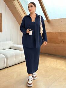 SHEIN Essnce Plus Size Women's Solid Color Shirt And Tank Dress Two Piece Set - Navy Blue - View 1
