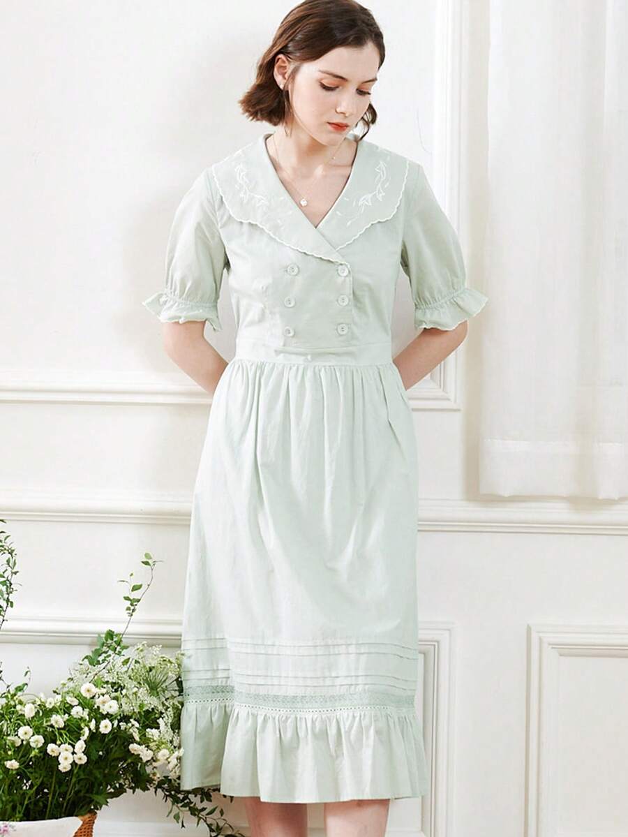 Simple Retro Vestido De Mujer Bordado Midi - verde menta - Ver 1