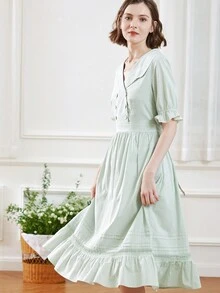 Simple Retro Vestido De Mujer Bordado Midi - verde menta - Ver 5