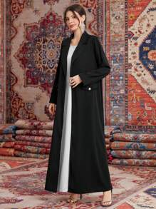 Al Najma Solid Color Lapel Collar Pleats Spliced Long Coat Abaya, Muslim Fashion Abaya For Casual/Festival/Gathering/Travel