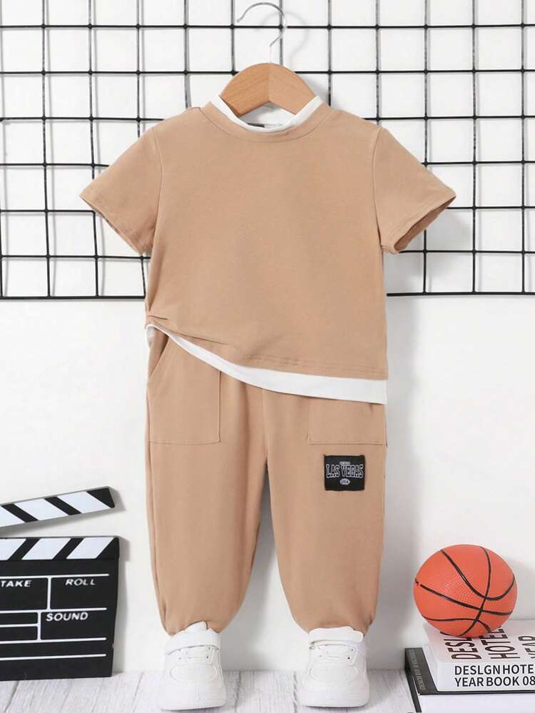 Baby Boys' Color Block Short Sleeve T-Shirt With Patchwork And Elastic Waistband Pants Set