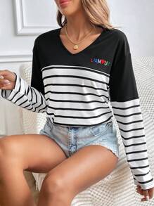 SHEIN Frenchy Women's Striped T-Shirt With V-Neck And Letter Embroidery Winter Casual - Black and White - View 6