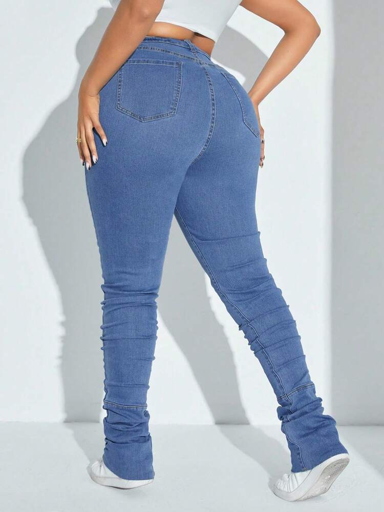 Plus Size Women'S Denim Pile Up Pants, Elastic Skinny Jeans With Ultra Long Length
