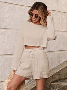 SHEIN Cottnline Drop Shoulder Crop Tee & Drawstring Waist Shorts - Apricot - View 5