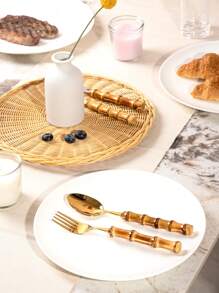 SHEIN Basic living Bamboo Gold Set 18/8 Stainless Steel Tableware Set Natural Bamboo Utensil Flatware Set Spoon Fork Knives Bamboo Handle Cutlery Set for Kitchen Wedding Home Restaurant Party,Creative Flatware For Dining,2 Pieces/set - Gold - View 3