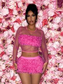 SHEIN SXY 性感網紗和羽毛長袖兩件裝連衣裙,適合舞會派對 - 粉色 - 查看 5