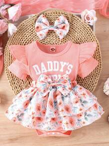 2pcs/Set Cute And Soft Baby Girl Dress With Letter Slogan And Floral Print Design, Solid Color Bodysuit And Hairband, Perfect For Casual, Daily, Vacation And Outdoor Activities - Multicolor - View 2