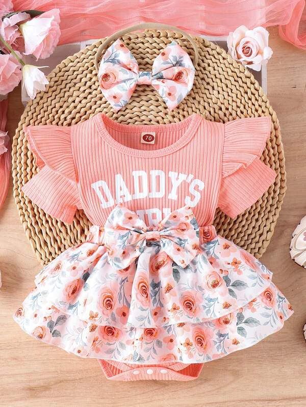 2pcs/Set Cute And Soft Baby Girl Dress With Letter Slogan And Floral Print Design, Solid Color Bodysuit And Hairband, Perfect For Casual, Daily, Vacation And Outdoor Activities