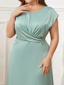 SHEIN Belle 女士大尺寸伴娘裙,蝙蝠袖,交叉腰,蝴蝶結和優雅設計 - 薄荷綠 - 查看 7