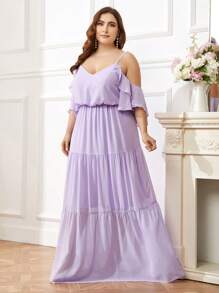 SHEIN Belle Kích thước lớn Của phụ nữ Váy phù dâu Với Hollow-out Vai , Thêu Dây đeo vai , Rộng Hem Và Bọc - Màu tím hoa cà - Xem 1